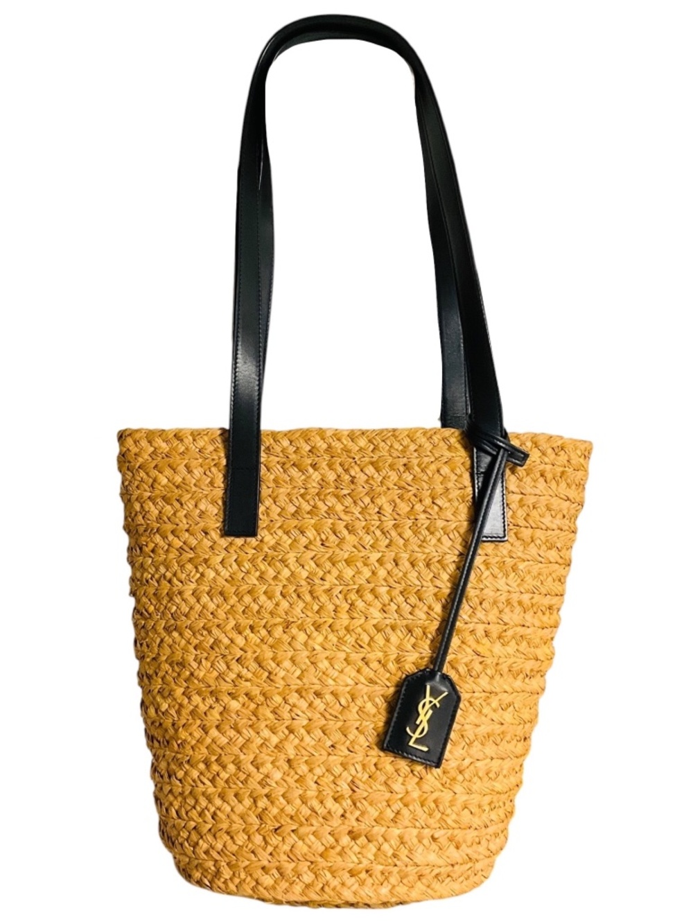 SAINT LAURENT NATURAL / BLACK PANIER BASKET SHOPPER RAFFIA SMALL TOTE BUCKET BAG - Picture 1 of 14